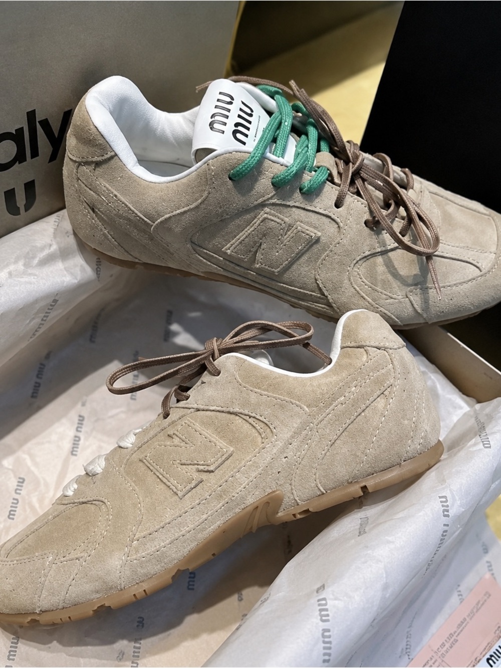 Miu Miu Taupe Suede Men’s Sneakers with Green Accent Laces